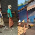 "Keralites standing in que outside a liquor shop">