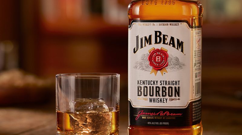 "Jim Beam Bourbon bottle with a glass of whisky">