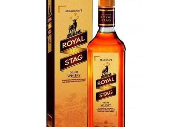 'Seagram's royal stag whisky bottle with its cardboard box'>