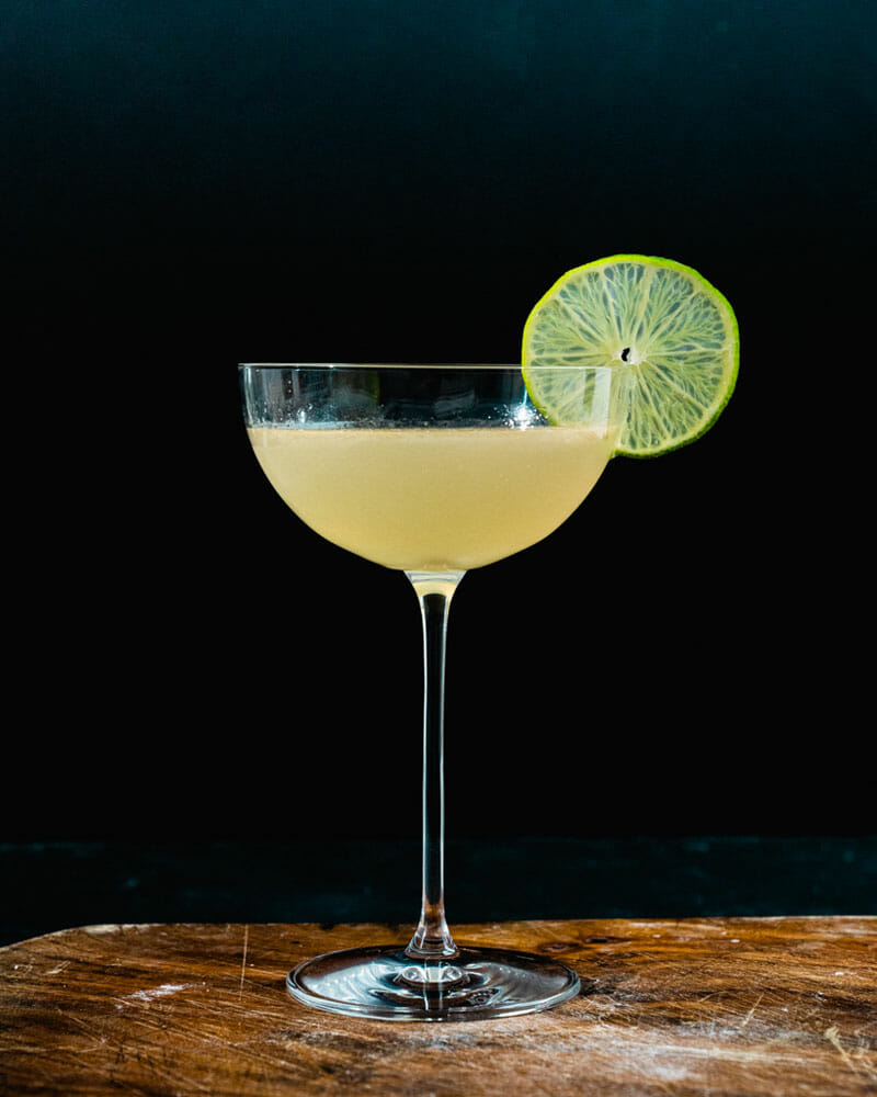 "gin gimlet cocktail with a slice of lemon">